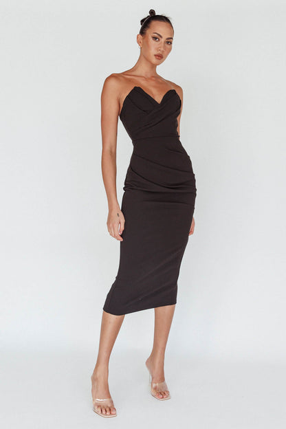 Yours Alone Gathered Detail Midi Dress Black