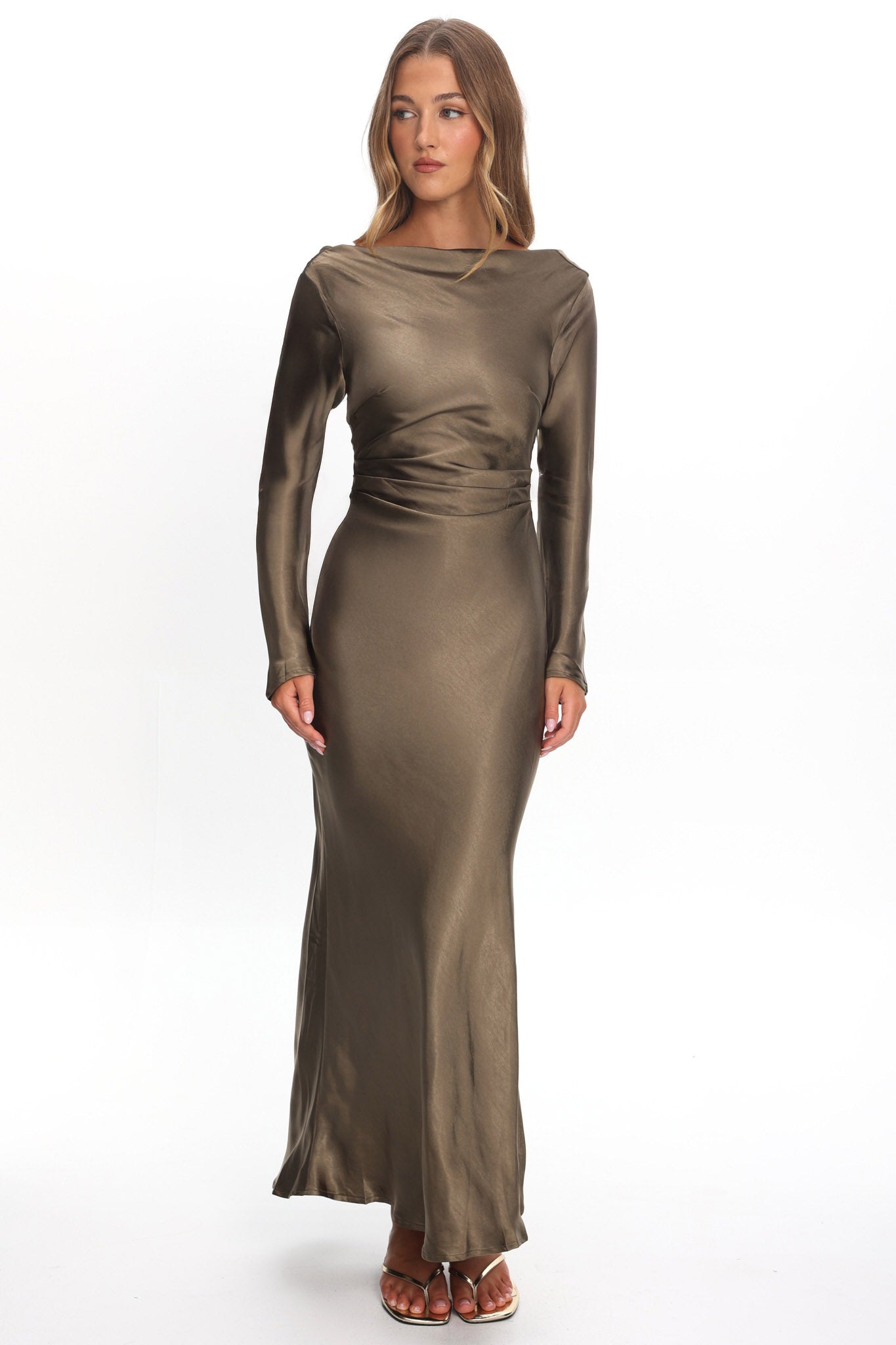 Loveland Cowl Back Midi Dress Olive