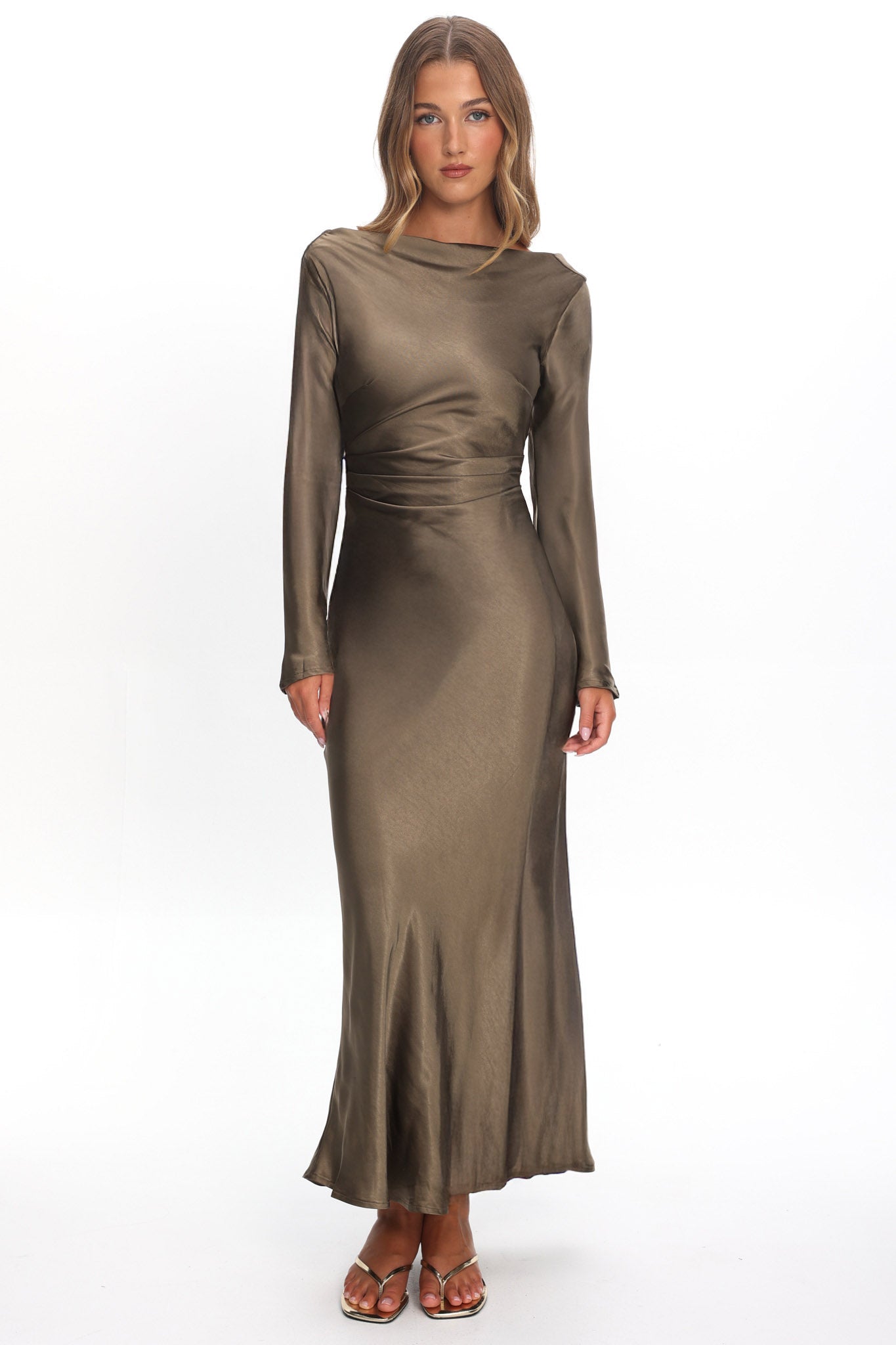 Loveland Cowl Back Midi Dress Olive