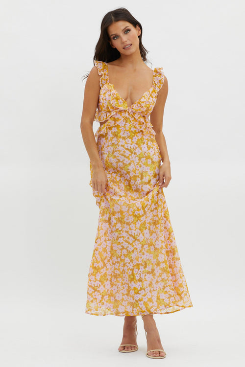 Second Chances Ruffle Trim Maxi Dress Flowers Yellow