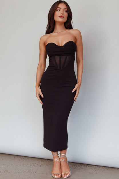 First Date Sweetheart Neckline Midi Dress Black