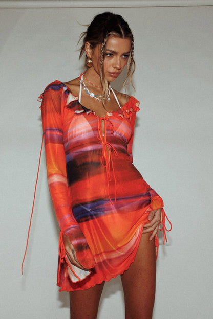 Bohemia Tied Bust Long Sleeve Dress Orange