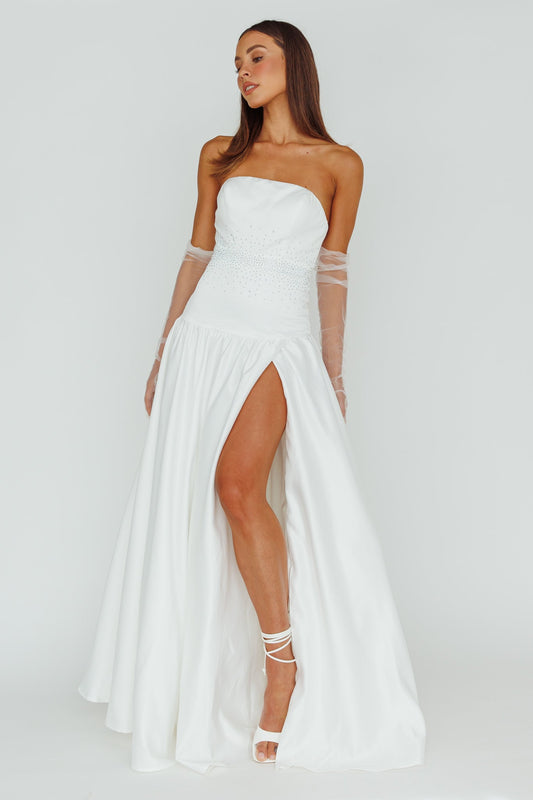 Verily Diamante Drop Waist Maxi Dress White