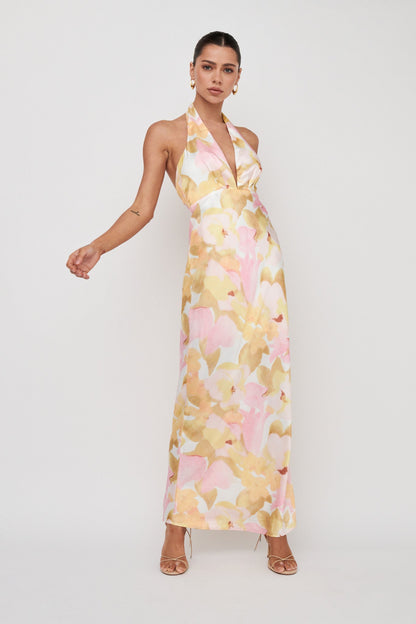 Of Your Dreams Plunging Halter Dress Floral Pink