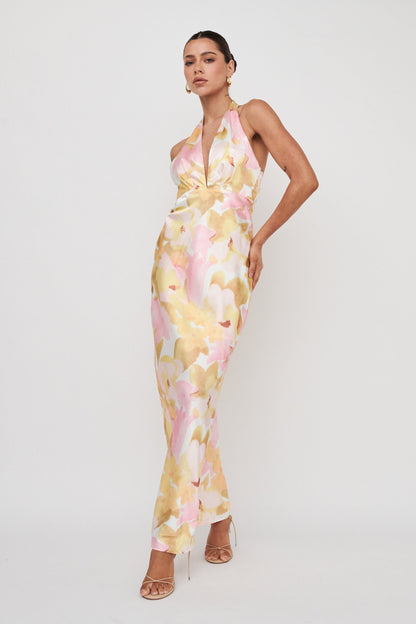 Of Your Dreams Plunging Halter Dress Floral Pink