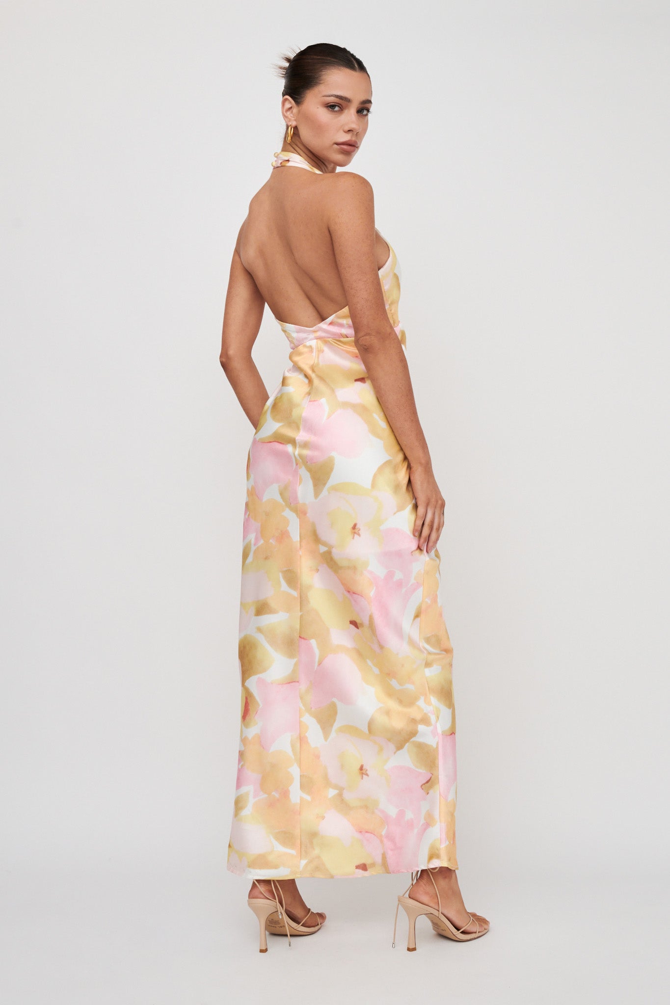 Of Your Dreams Plunging Halter Dress Floral Pink