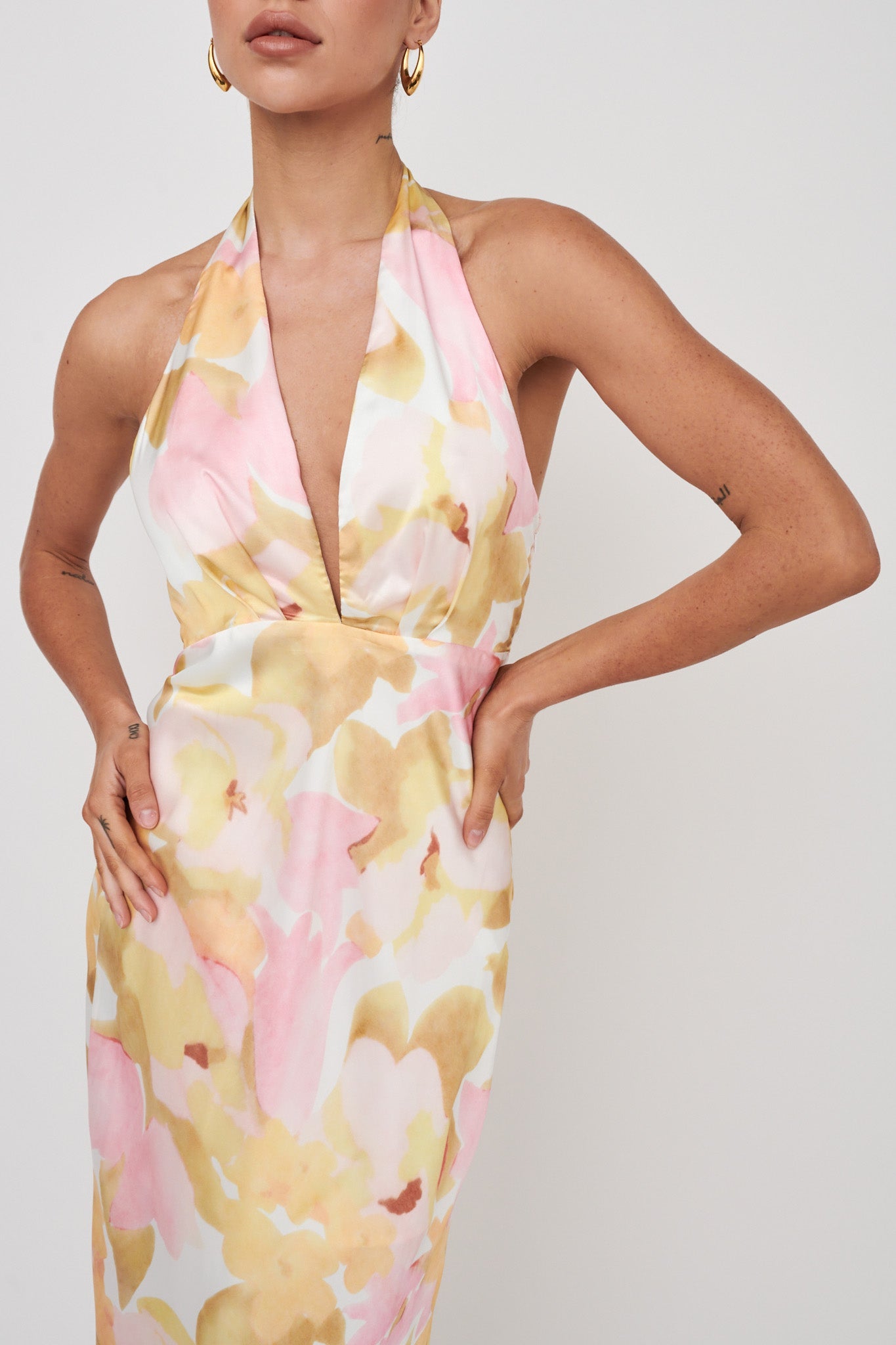 Of Your Dreams Plunging Halter Dress Floral Pink