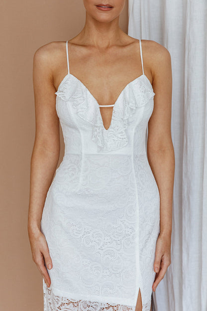 Evaleigh Frill Trim Lace Midi Dress White
