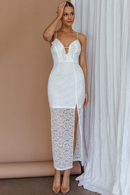 Evaleigh Frill Trim Lace Midi Dress White