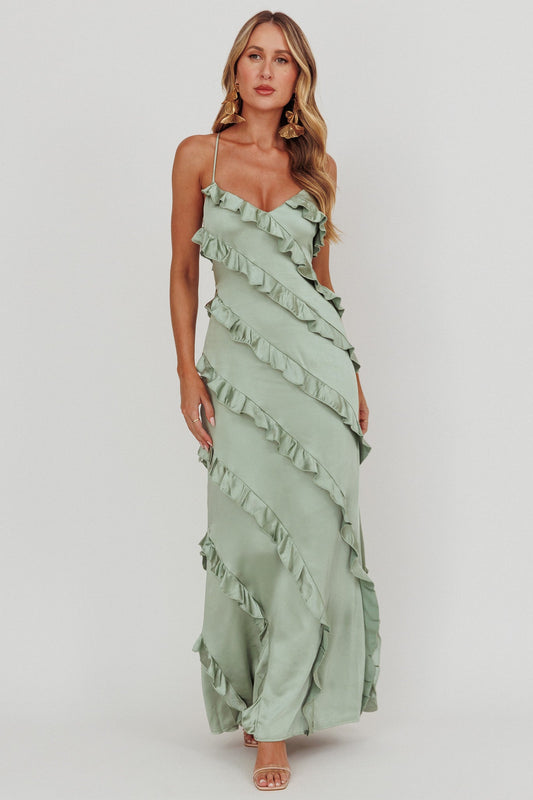 Arrabel Ruffle Trim Maxi Dress Sage