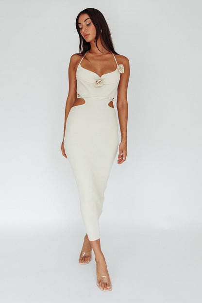 Rue Rose Accent Ribbed Knit Midi Dress Beige