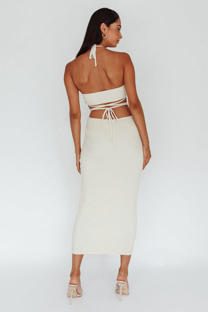 Rue Rose Accent Ribbed Knit Midi Dress Beige
