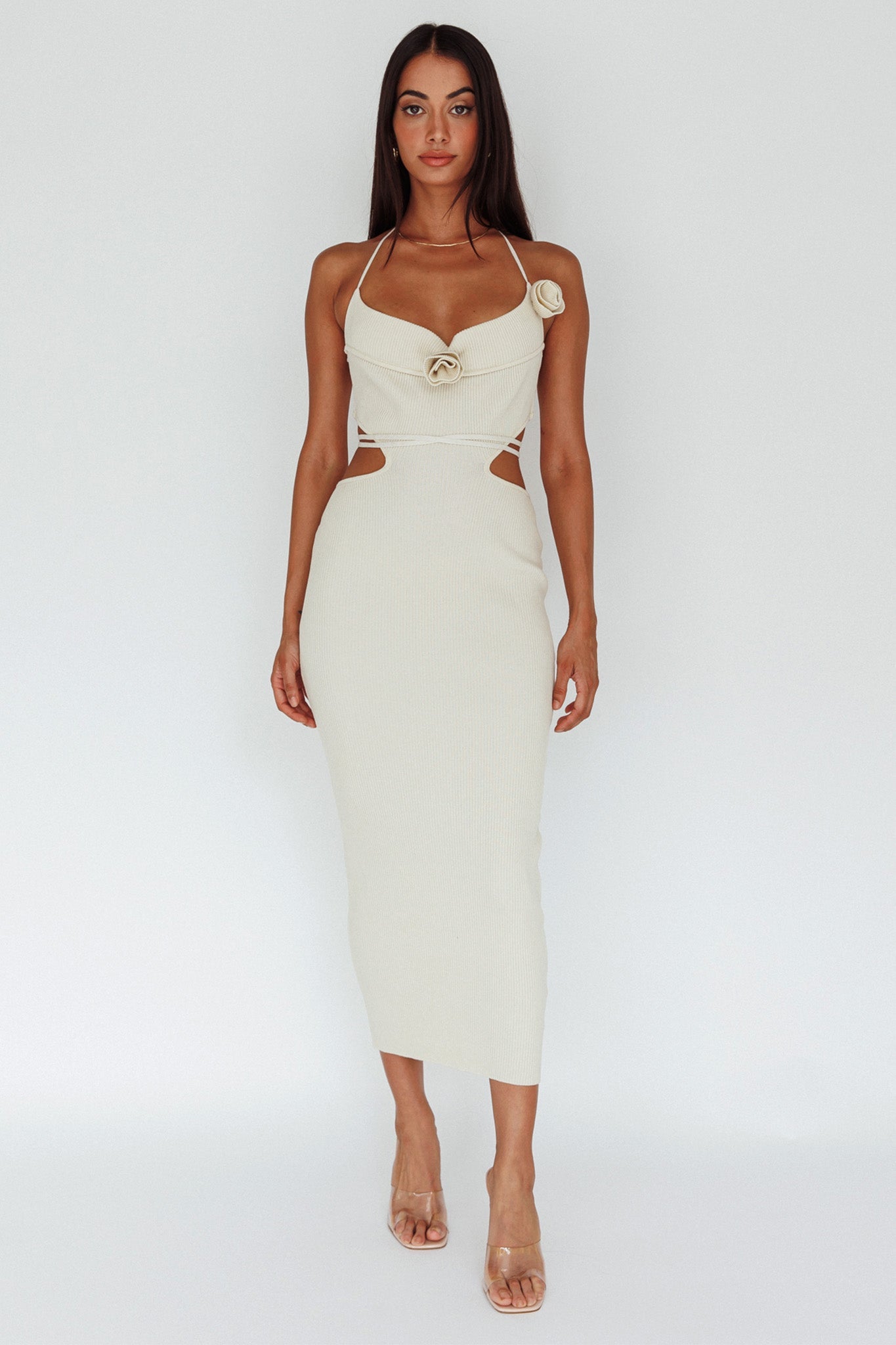 Rue Rose Accent Ribbed Knit Midi Dress Beige