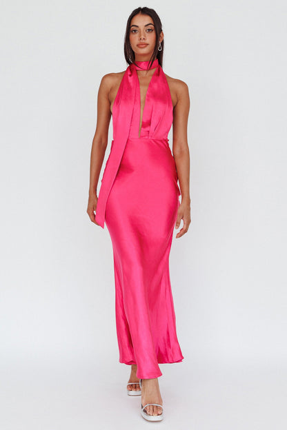 Italia Azure Halterneck Maxi Dress Hot Pink
