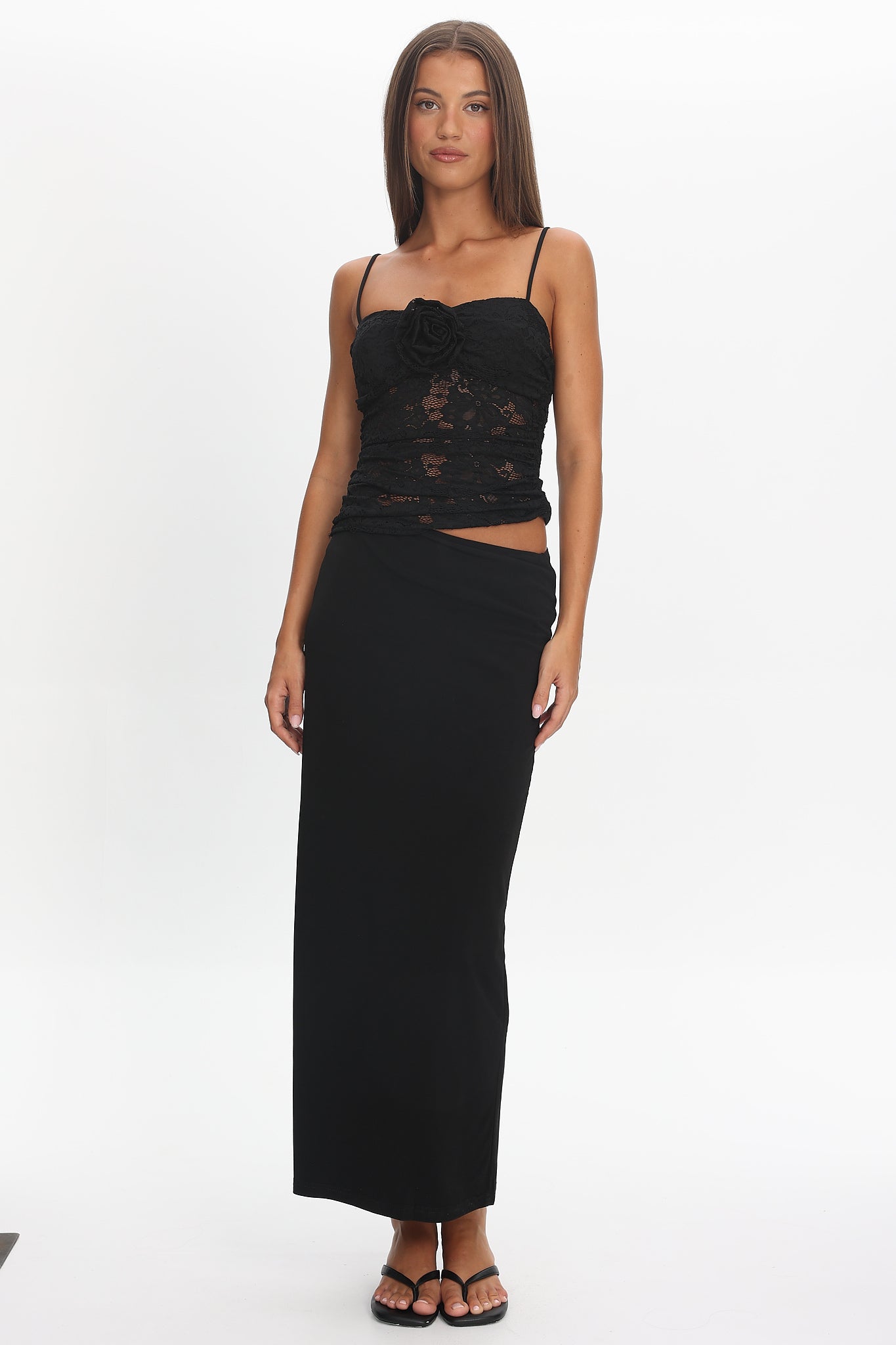 Lorely Lace Rosette Maxi Dress Black
