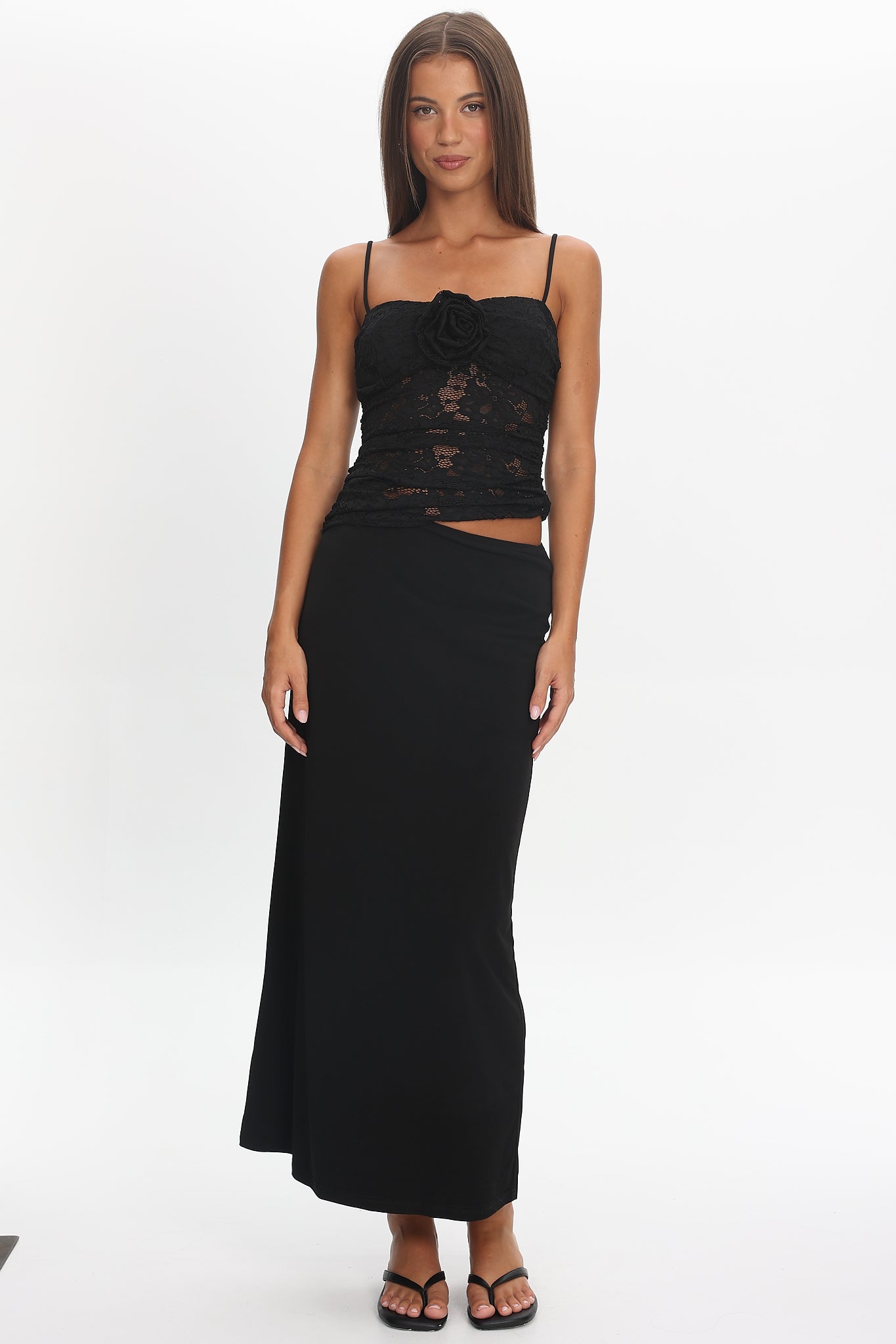 Lorely Lace Rosette Maxi Dress Black