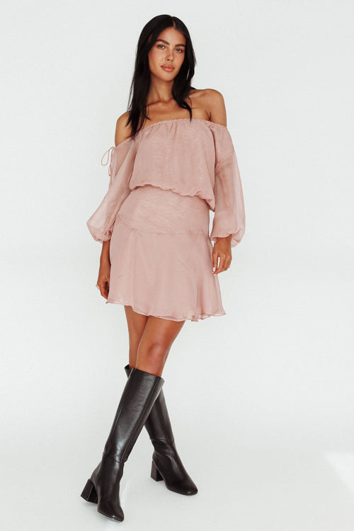 Mariona Off Shoulder Long Sleeve Mini Dress Blush
