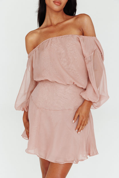 Mariona Off Shoulder Long Sleeve Mini Dress Blush