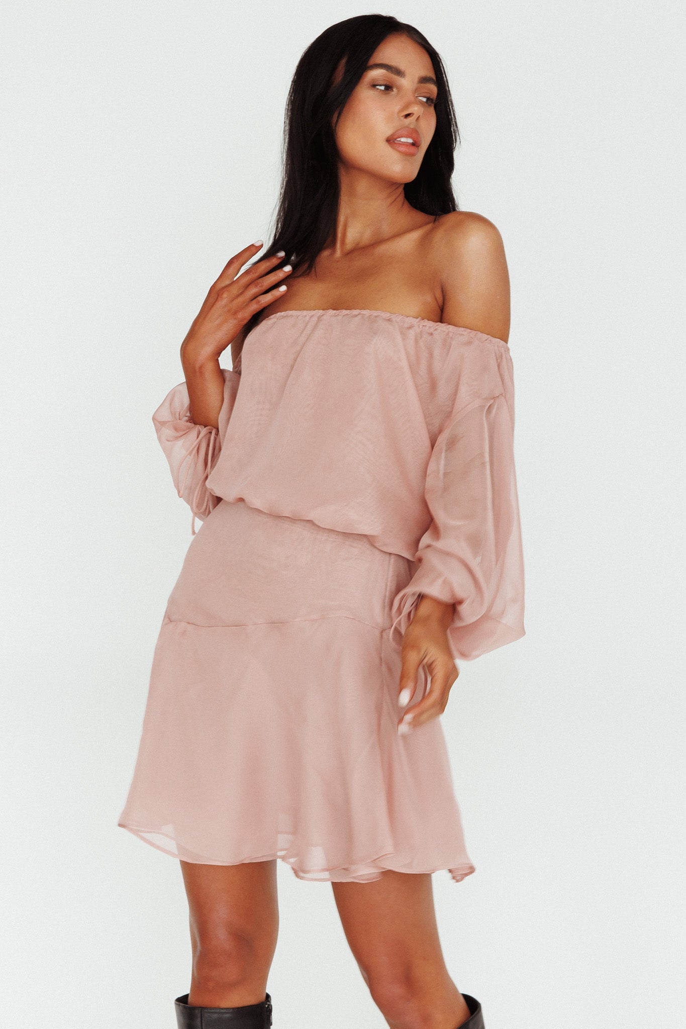 Mariona Off Shoulder Long Sleeve Mini Dress Blush