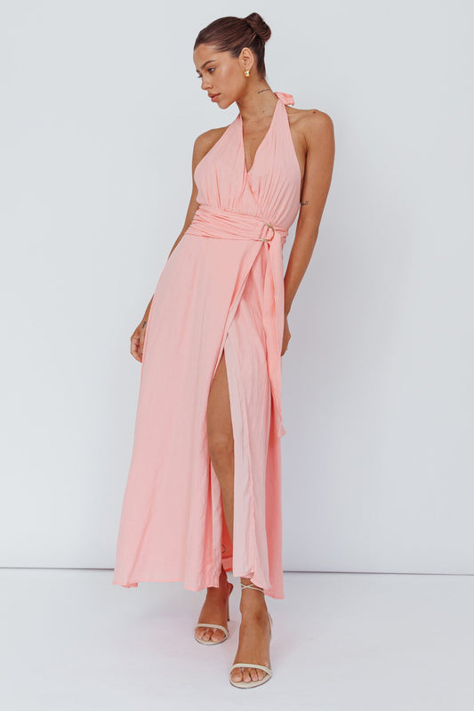 Spring Feels Halterneck Belt Maxi Dress Peach