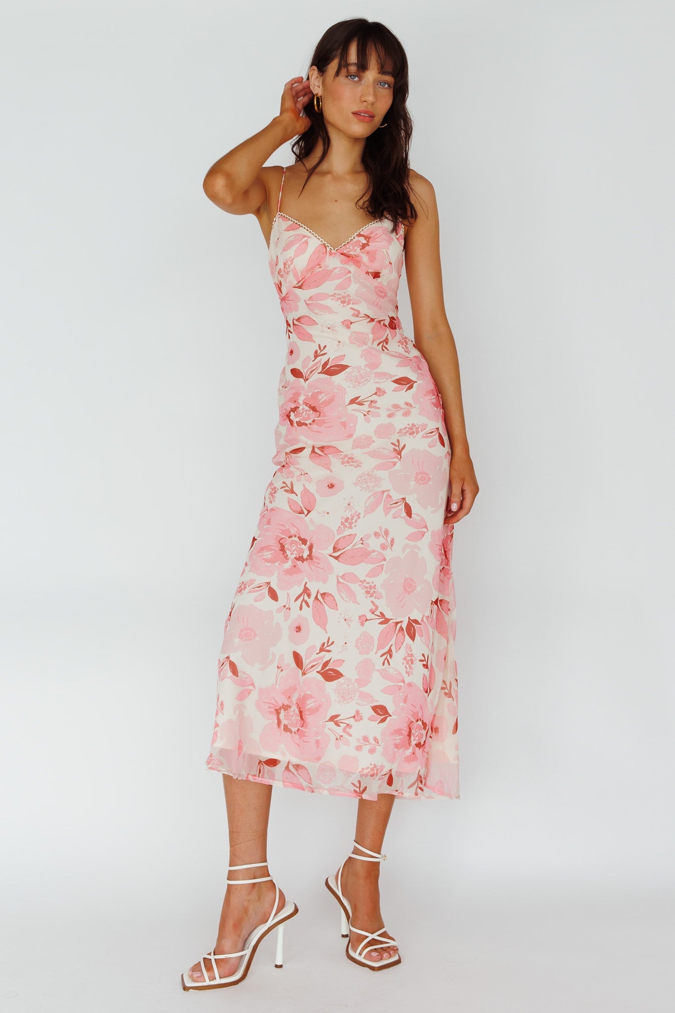 Egypt Cami Strap Midi Dress Floral Pink