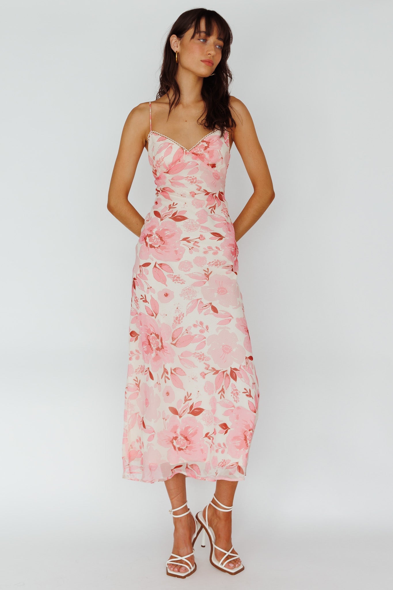 Egypt Cami Strap Midi Dress Floral Pink