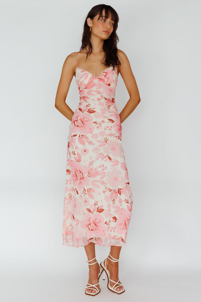 Egypt Cami Strap Midi Dress Floral Pink