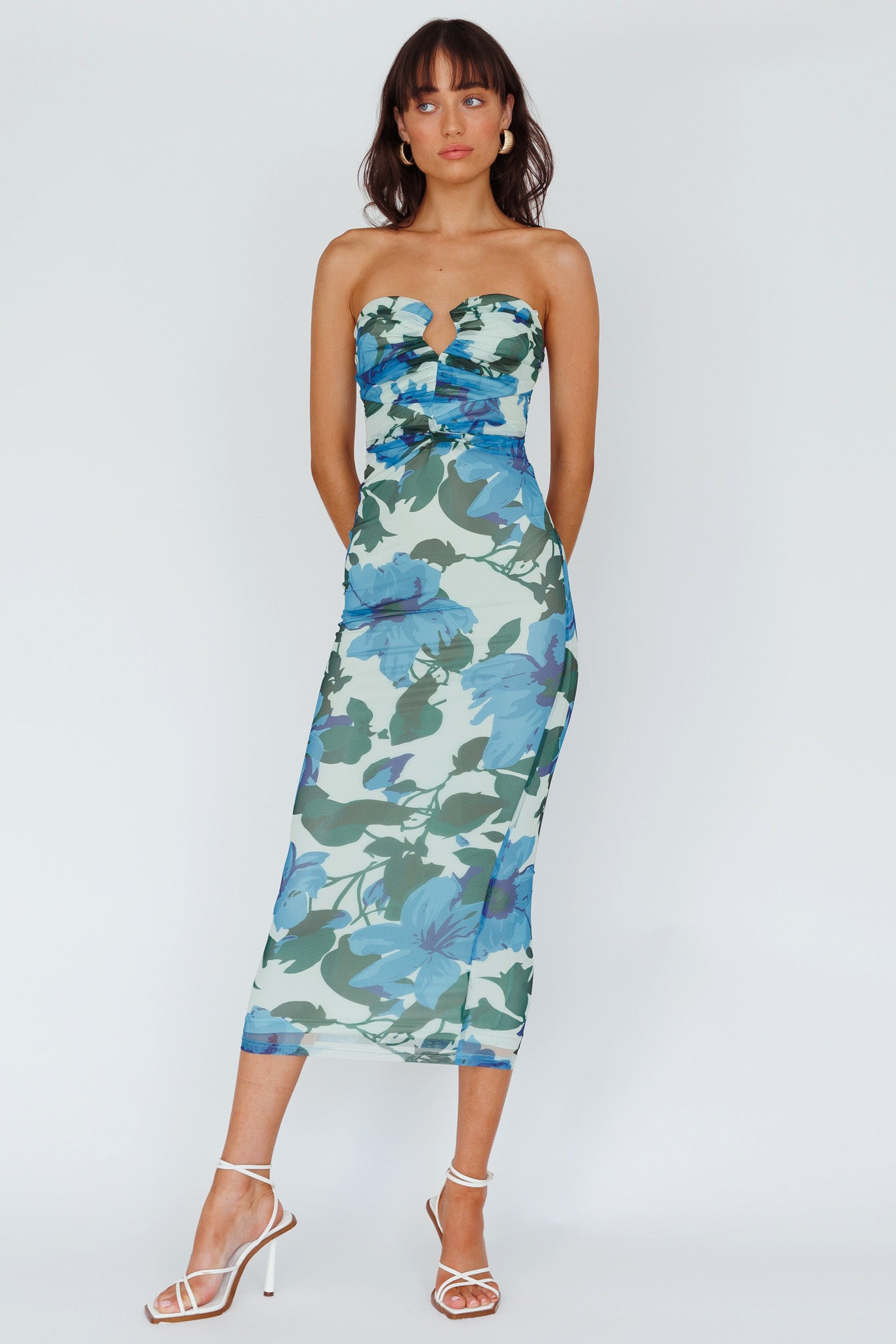 Lahita Strapless Midi Dress Floral Blue
