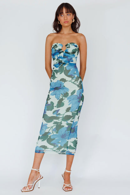 Lahita Strapless Midi Dress Floral Blue
