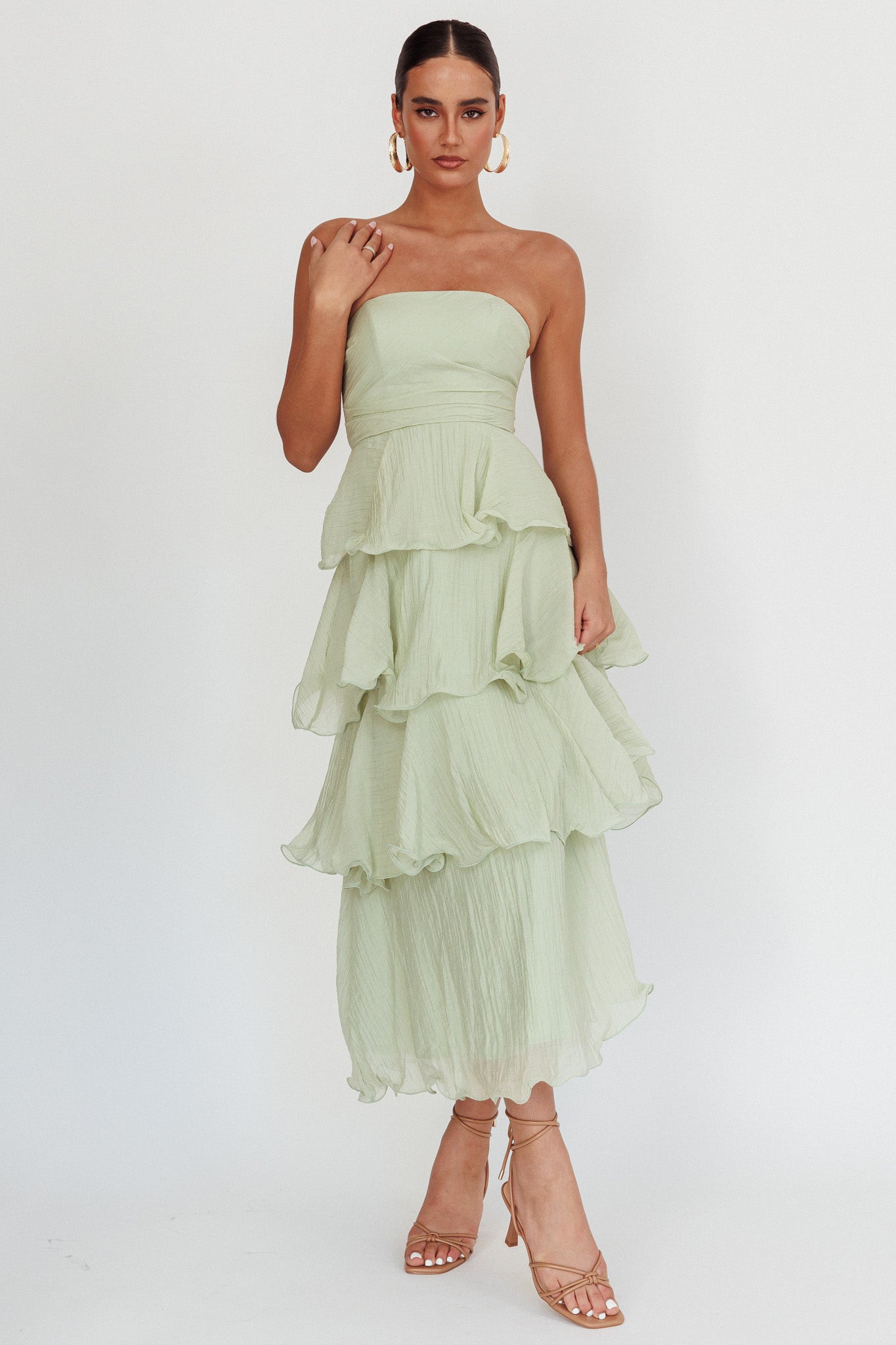Giavana Strapless Layered Midi Dress Sage