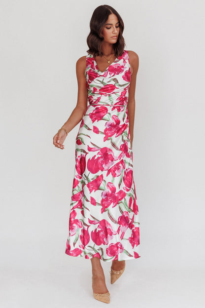 Serenitie Cowl Neck Waist Tie Maxi Dress Floral Pink