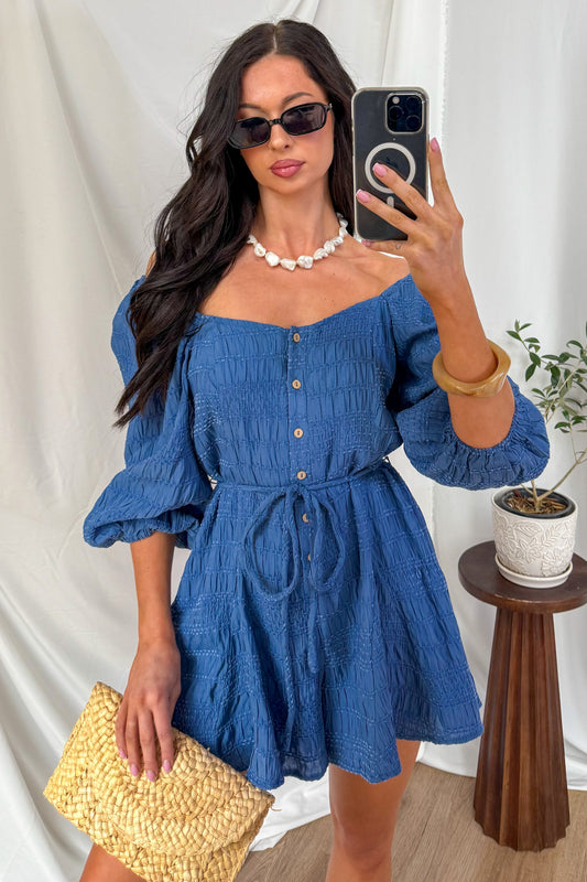 Comfortable Cool Velvet Textured Button Down Romper (Retro Blue)