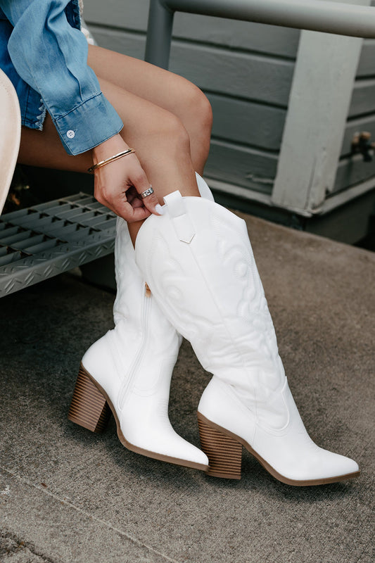 Didn't Come To Play Faux Leather Cowgirl Boots (White)