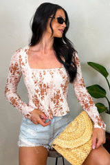 Darling Behavior Floral Long Sleeve Smocked Crop Top (Cream)