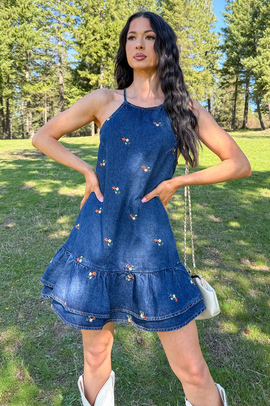 Graceful Grit Halter Floral Mini Dress (Dark Denim)