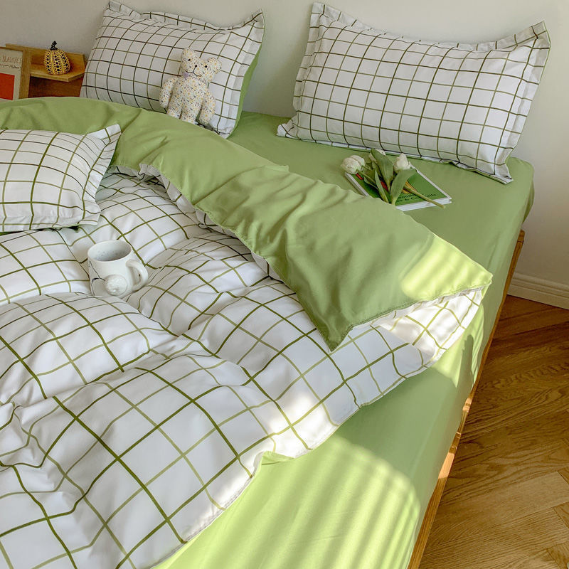 Fashion Bedding Set White Green Double Bed Linens Nordic Duvet Cover Pillowcase Queen Size Flat Sheet Classic Grid Kids Winter