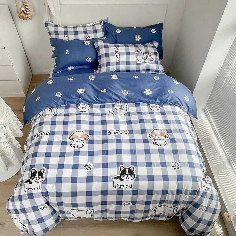 Fashion Bedding Set White Green Double Bed Linens Nordic Duvet Cover Pillowcase Queen Size Flat Sheet Classic Grid Kids Winter