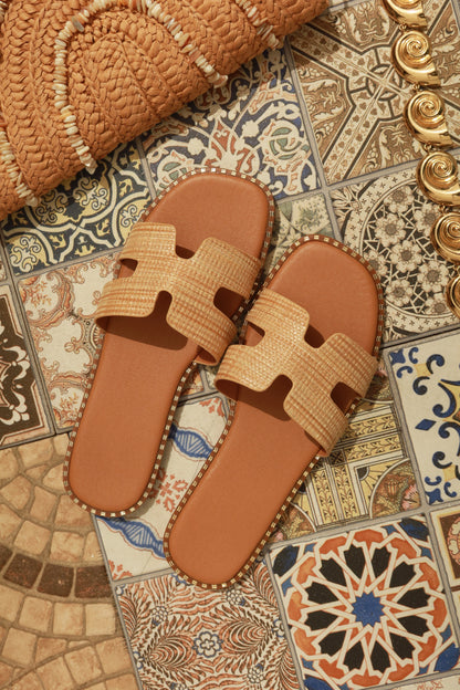 Santorini Beaches Slip On Slide Sandals - Raffia