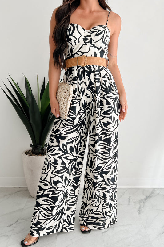 Garden Glimmer Belted Wide Leg Jumpsuit (Black/Ivory)