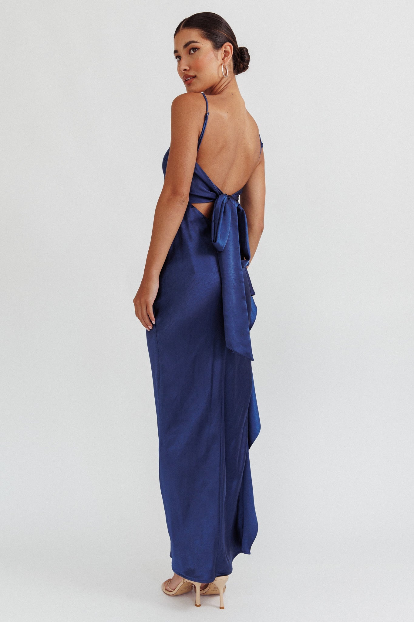 Night Swim Satin Leg Slit Maxi Dress Navy