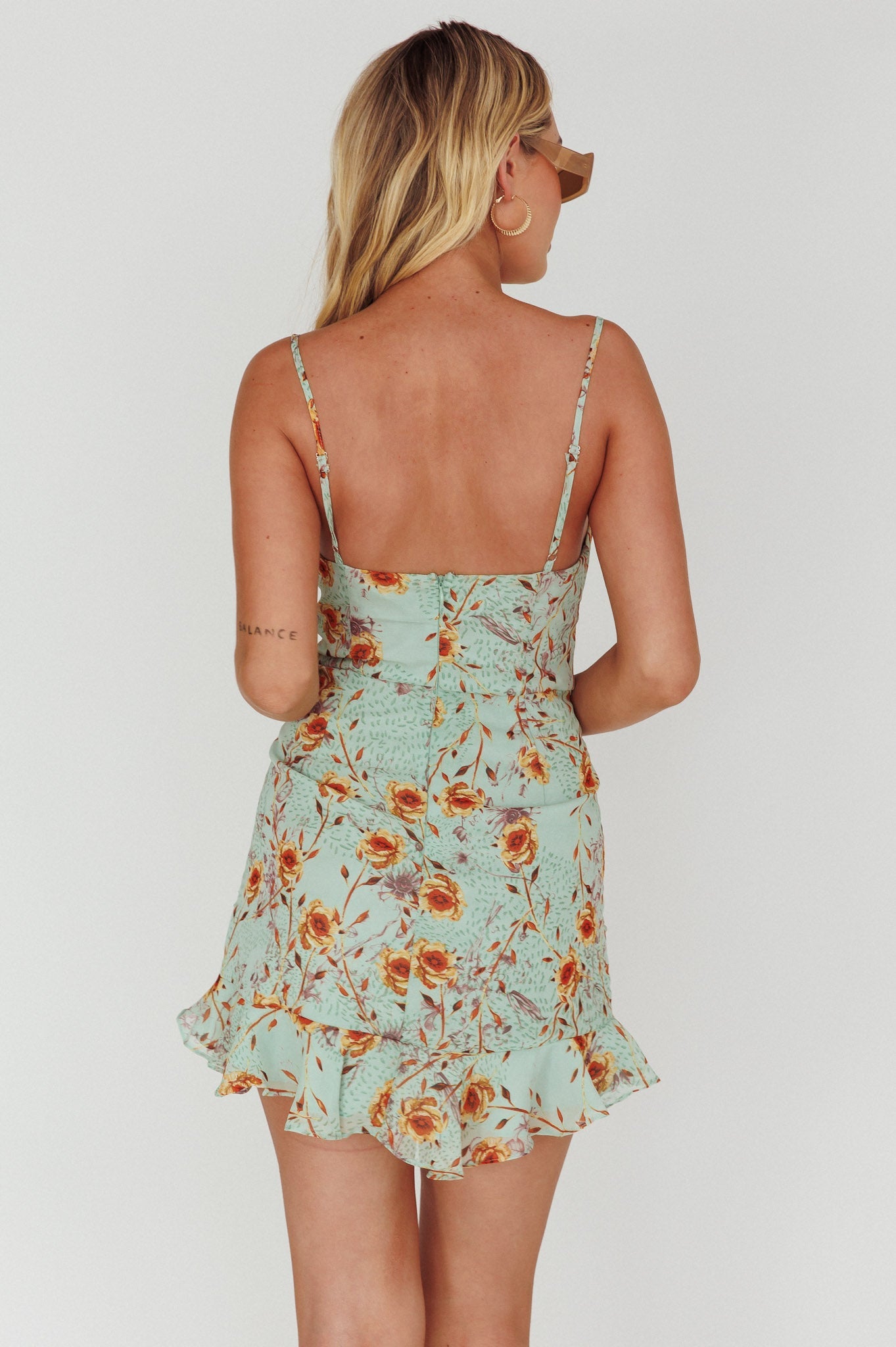 First Light Cami Strap Ruched Dress Floral Mint