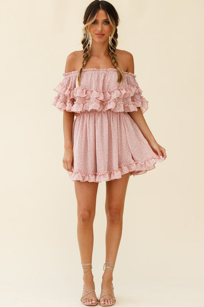 Meet Me At Sunset Bardot Neckline Frill Trim Dress Speckle Print Pink