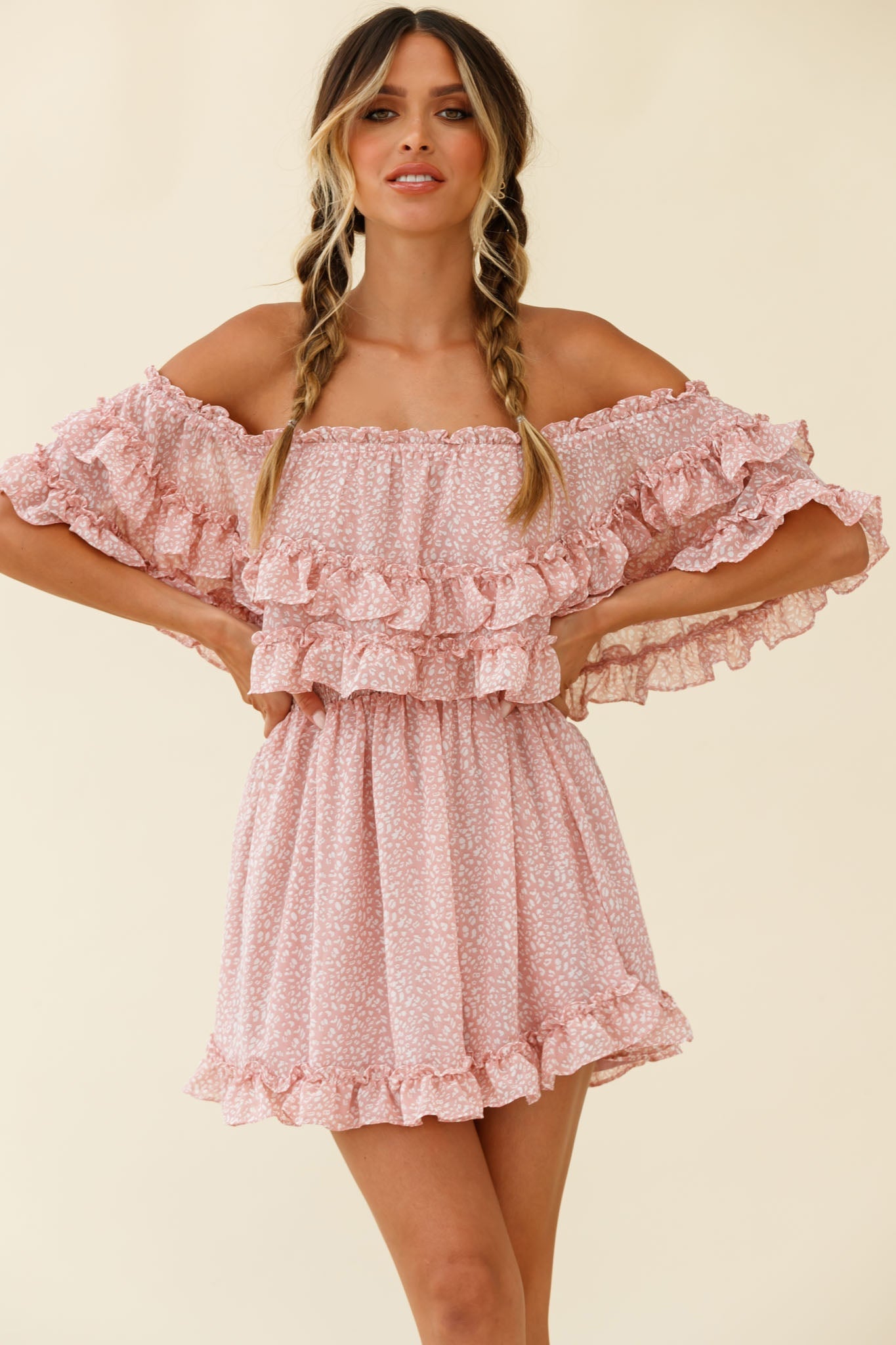 Meet Me At Sunset Bardot Neckline Frill Trim Dress Speckle Print Pink