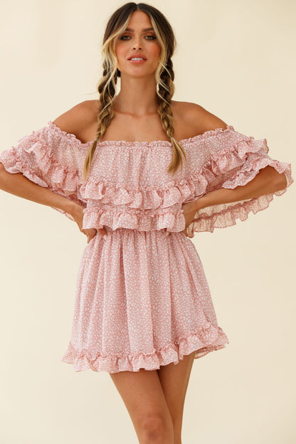 Meet Me At Sunset Bardot Neckline Frill Trim Dress Speckle Print Pink