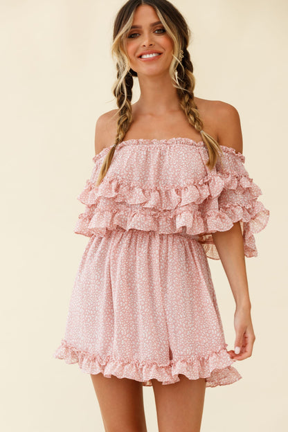 Meet Me At Sunset Bardot Neckline Frill Trim Dress Speckle Print Pink