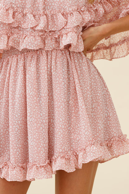 Meet Me At Sunset Bardot Neckline Frill Trim Dress Speckle Print Pink
