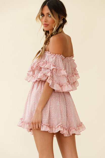 Meet Me At Sunset Bardot Neckline Frill Trim Dress Speckle Print Pink