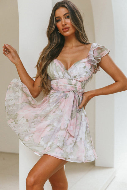 Lola Ruffle Shoulder Ruched Dress Watercolor Floral Pink Multi