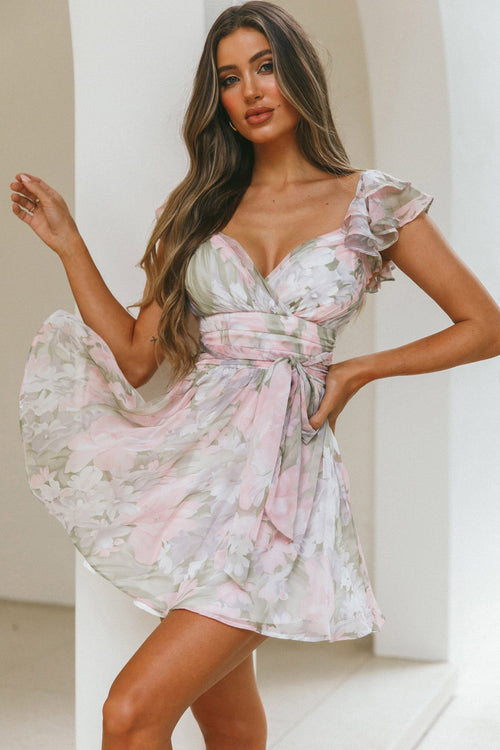 Lola Ruffle Shoulder Ruched Dress Watercolor Floral Pink Multi