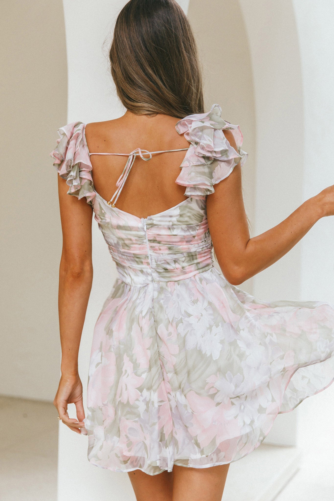 Lola Ruffle Shoulder Ruched Dress Watercolor Floral Pink Multi
